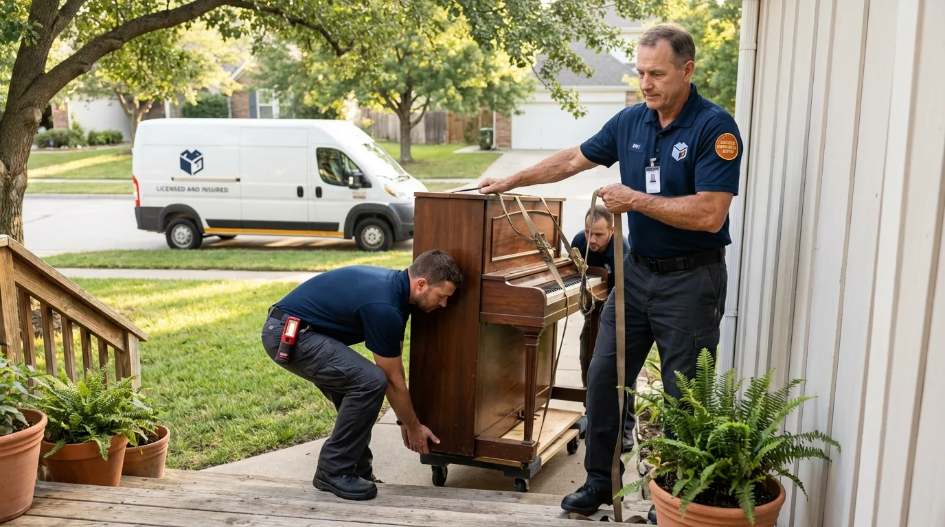 Licensed piano movers securing grand piano in Mechanicsville, VA