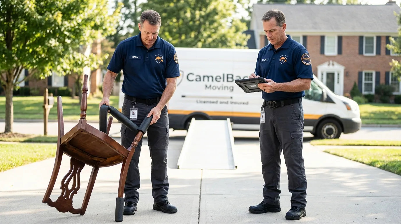 Movers inspecting furniture for damage prevention before loading in Mechanicsville, VA