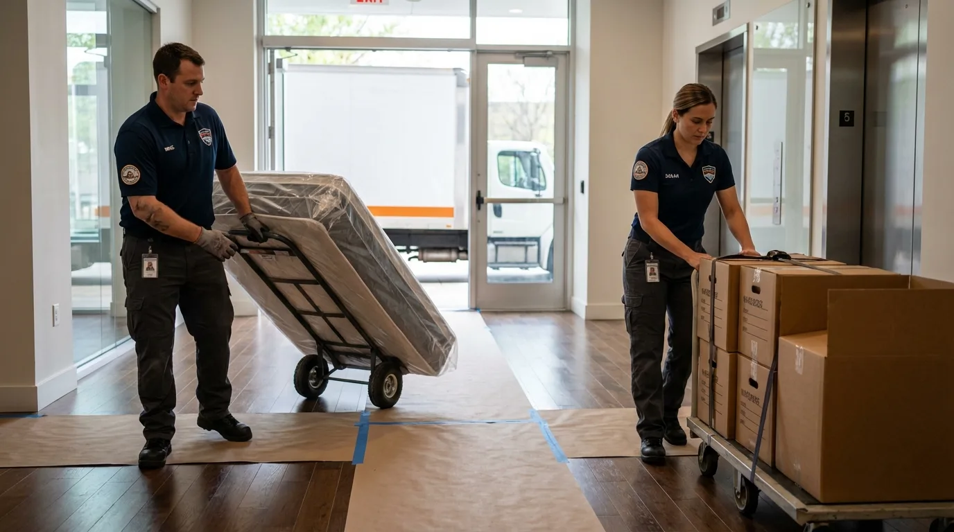 Professional apartment movers loading elevator in Mechanicsville, VA