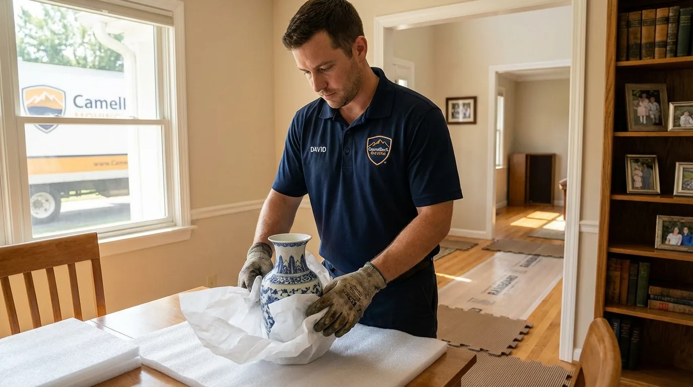 Professional crew carefully wrapping antique vase for senior downsizing move in Mechanicsville, VA